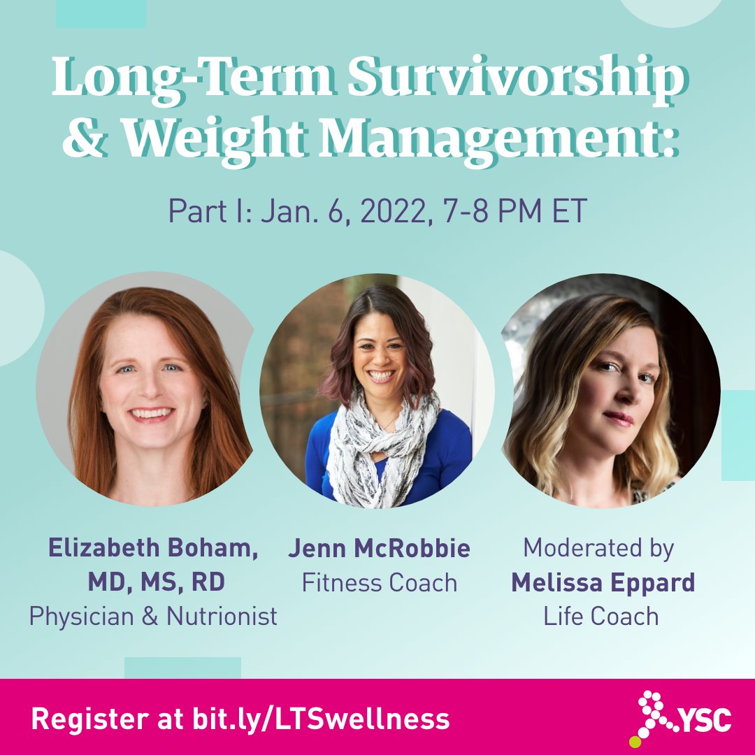 DrBoham's tweet photo. Calling all long-term young breast cancer survivors (diagnosed before age 40 and 5+ years after treatment)! I am thrilled to be part of this group and joining @YSCbuzz to discuss weight management. Join us January 6 and February 10, 2022 from 7-8:15PM ET.  https://t.co/7dCKYWeLxZ https://t.co/BigCh6J5Bq