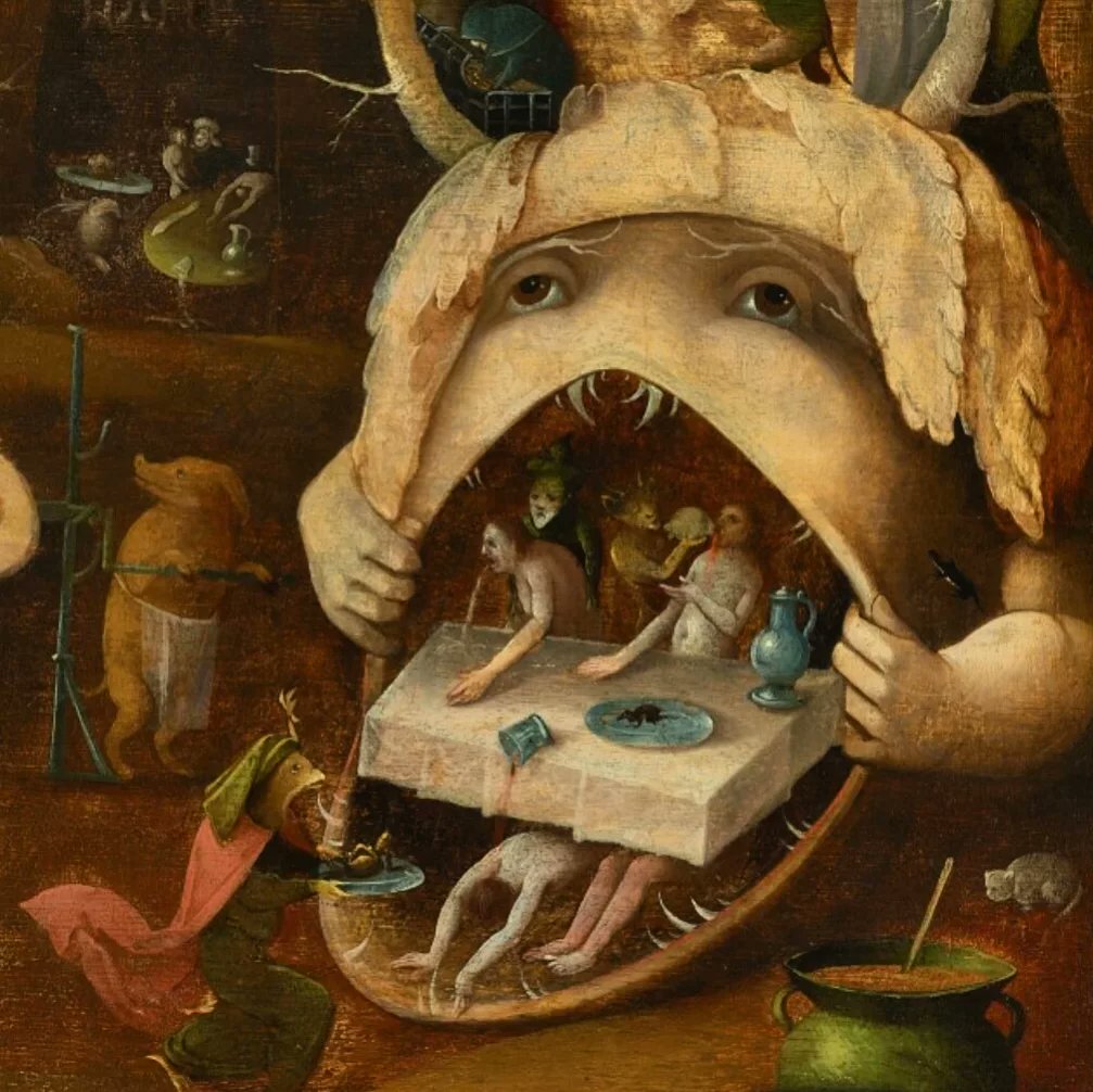 Me at xmas lunch, 2021 // unknown follower of Hieronymus Bosch, The Vision of Tundale (detail), c. 1485

#nzartparallels @NZAHParallels