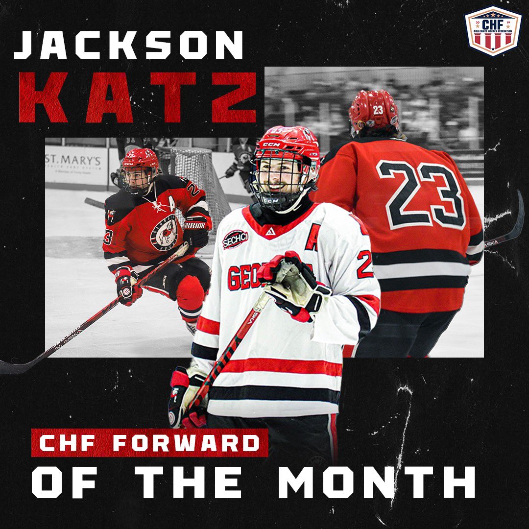 UGAHockey's tweet photo. Congratulations to @jackson_katz for being awarded Player of the Month for the forward position‼️ #ForTheDawgs 

🔥 18 Games played
🔥 9 Goals
🔥 24 Assists 
🔥 33 Points https://t.co/faUIjva5lc