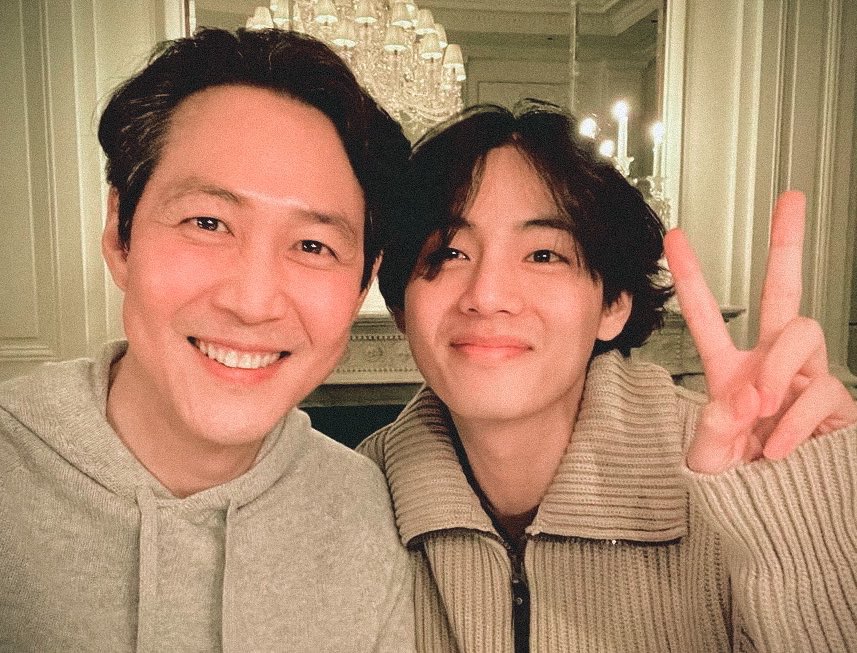 kim taehyung with lee jung jae from squid game look at them 🥺