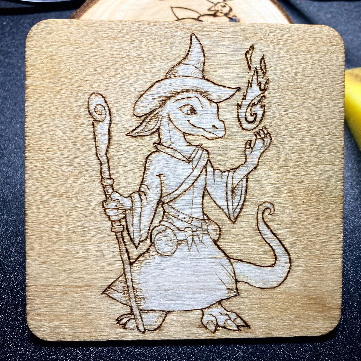 Kobold magic caster! Pyrography stained with coffee. #kobold #pyrography #fantasyart #coffeestain #woodburn #illustration