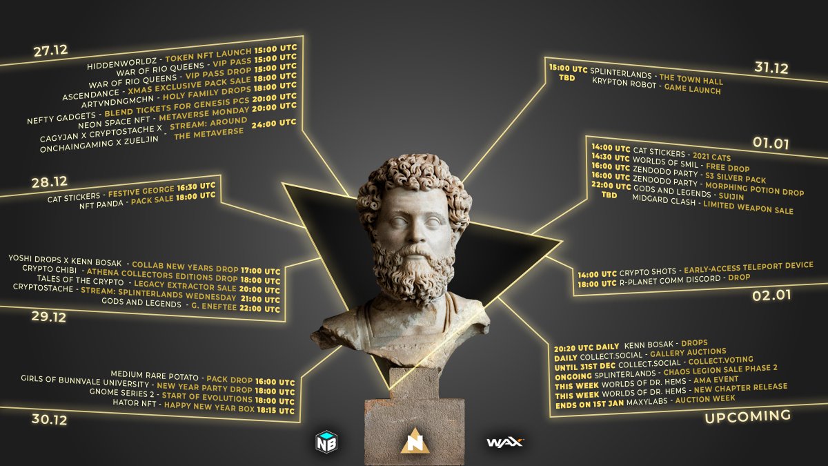 🚨This week's schedule!!🚨

Check out the events, set your alarm, have fun!

━
⏰Event Reminder (GoogleCalendar &amp; Mail): nfthorizon.io
━
👥Comm. Channel of Brands: nfthorizon.io/december-27-ja…
━
<a href="/WAX_io/">WAX</a> <a href="/neftyblocks/">NeftyBlocks</a>
#NFTs #NFTDROPS #NFTCommunity #NFTartists #nftcollector