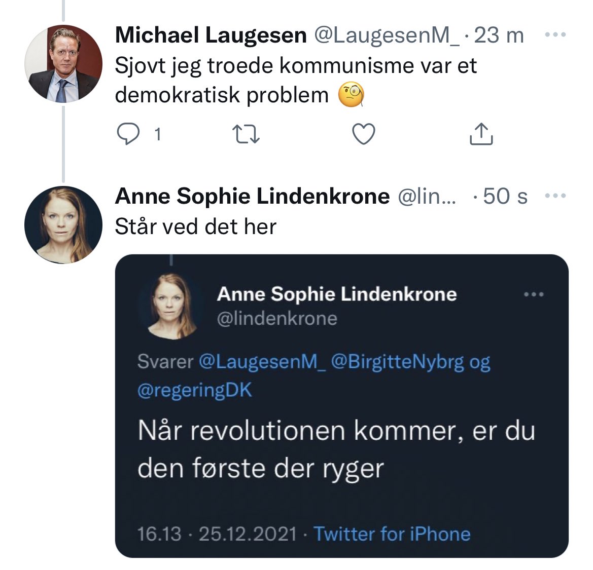 FNsmark's tweet image. Før mente @lindenkrone, at det var manipuleret materiale. Men nu retweeter hun det “falske” tweet. 

Læs med i morgen.
