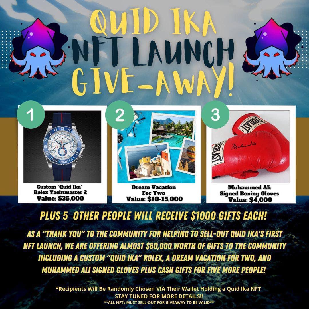 Andyjakebazz's tweet photo. Need more incentive to sign up for #QUID IKA’s initial #NFT launch? Does a #Rolex Yacht Master II, Island Vacation for two, 5️⃣ $1,000 cash gifts, or Verified Muhammad Ali signed boxing gloves help? 🥊 Sign up sheet below👇 #ETH #SHIB #MANA @quidikatoken 

https://t.co/64GWtn7naS https://t.co/Vggt4MQ3ZP