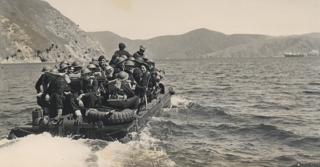 NZNavyMuseum's tweet photo. Great image from the #officialcollection - Royal Marines from aircraft carrier HMS Indefatigable carrying out landing craft exercises possibly in the Queen Charlotte Sound - dated December, 1945 #NZNavy #History #Museum https://t.co/iEbpKq23Bt