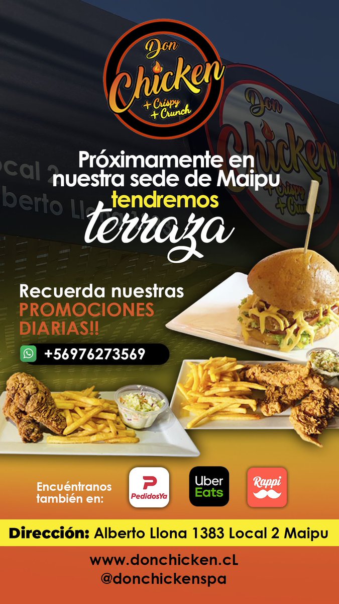 DonChickencl's tweet image. #maipu estamos listos para atenderte. Encuéntranos en Rappi, Pedidos Ya y Uber Eats. Además en nuestra página web donchicken.cl y en nuestro whatsapp +56976273569 #maipu #cerrillos #loespejo #padrehurtado #pudahuel