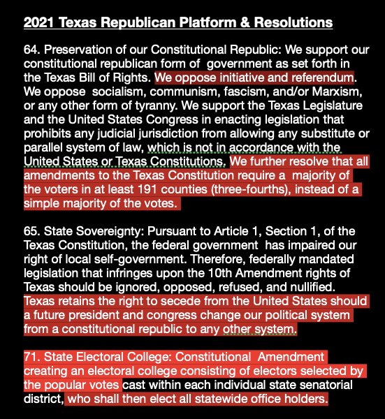 jeighford's tweet photo. Proof!  Texan Leaders want to Remove Democracy from the US or Secede

They oppose Initiatives &amp; Referendums

They plan to take control from urban counties by creating an Electoral College w/ Rural County Control

No Voting for Statewide Offices

#Ford4USHouseTX19
#Ford4Democracy https://t.co/9b5ypnb4oL