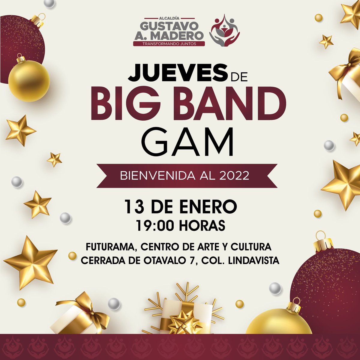 TuAlcaldiaGAM's tweet photo. Este próximo jueves 1️⃣3️⃣ de enero se presenta la #BigBandGAM en el Centro Cultural Futurama en punto de las 19:00 horas ⏰. 

▶️EntradaLibre https://t.co/3Yzg2uF4XS