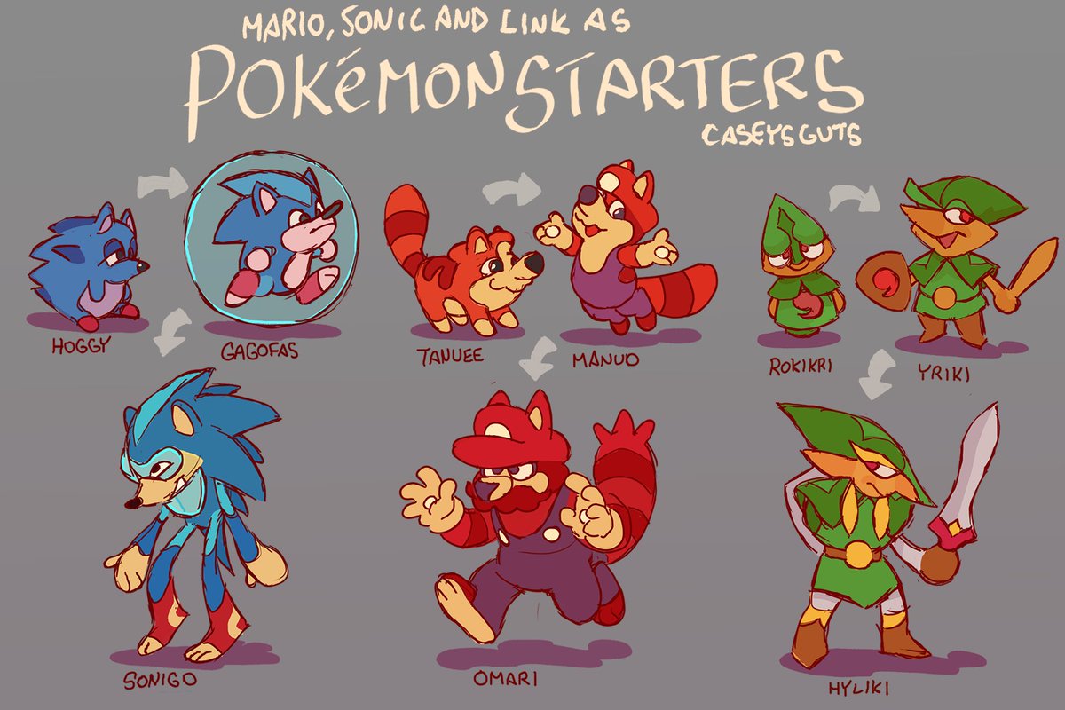 caseysguts's tweet image. Pokemon Starters based on Mario, Sonic and Link!
Wanted them each to start as something else from their universes and grow into their more distinct looks. more individual detail in the thread.