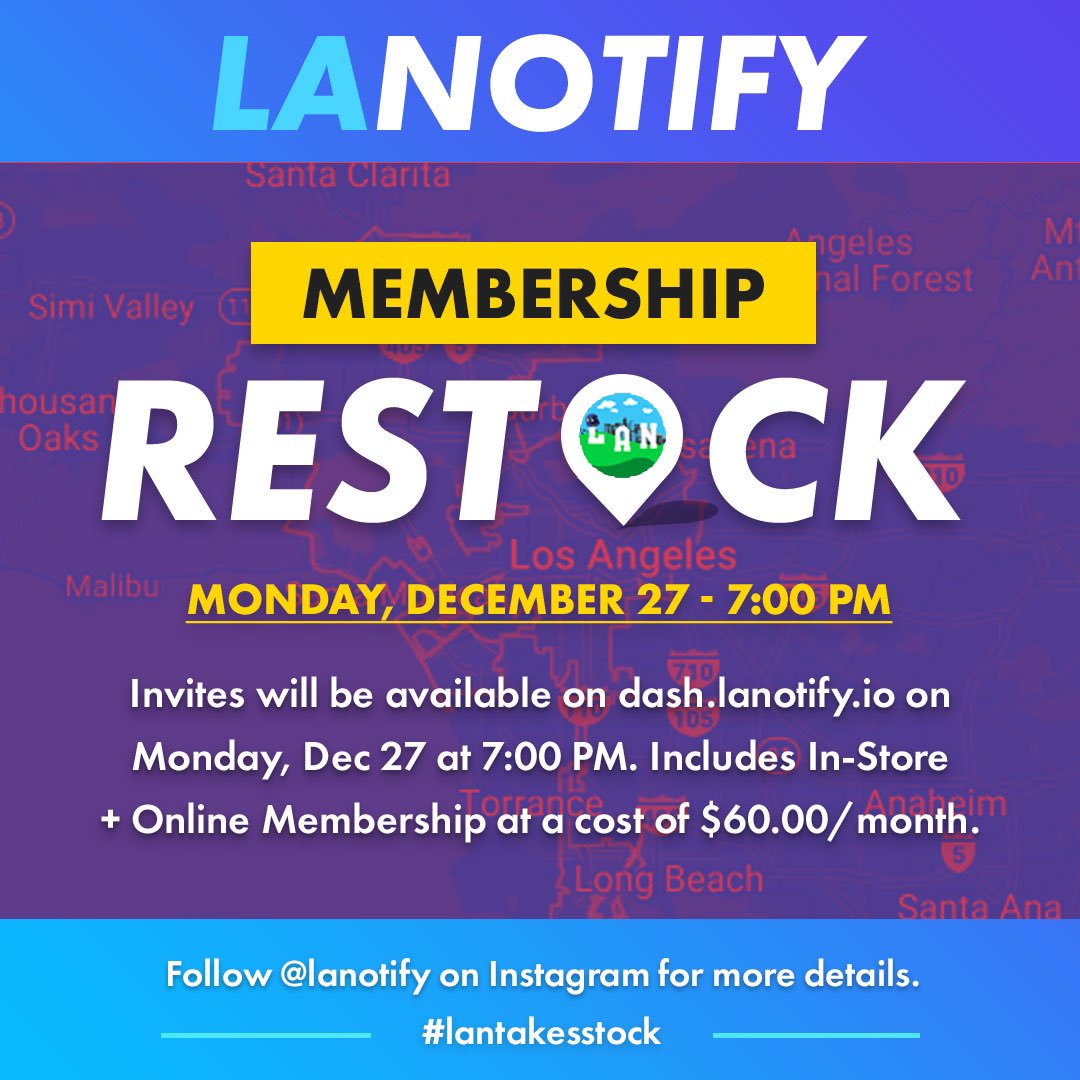 🚨 Restock details are posted on our IG!

👀 Check it out. Tomorrow at 7:00 PM, the winning team will restock! Be sure to start your 2022 right and join the best group for all flips HYPE related.

🔎 @lanotify on IG! Check out the details, and best of luck tomorrow at 7:00PM PST.