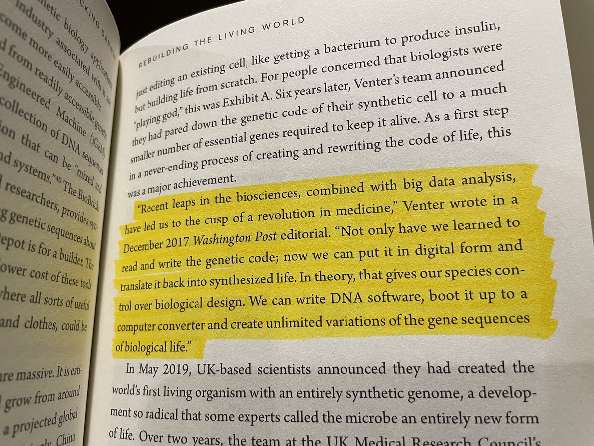 jmgayosos's tweet photo. "… We can write DNA software, boot it up to a computer converter and create unlimited variations of the gene sequences of biological life.” #HackingDarwin @JamieMetzl https://t.co/rmgJ2UROO7