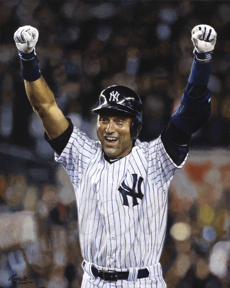 GraigKreindler's tweet photo. Here’s a painting of Derek Jeter celebrating after his walk-off single on September 25, 2014, which was his last at-bat at Yankee Stadium. https://t.co/LmUlUftrpi
