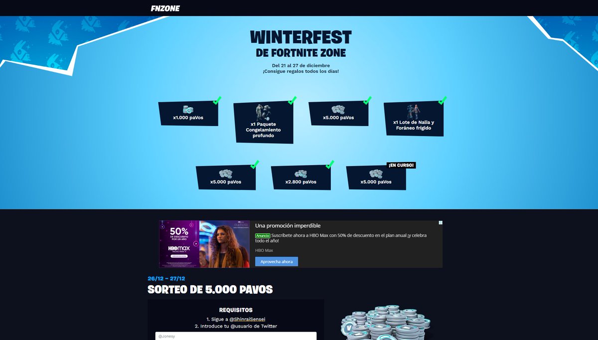 FNZoneGG's tweet photo. ❄️ Winterfest de Fortnite Zone ❄️

🎁 Ganador #6 | 5.000 paVos:
➡️ @gfehdxd 
☃️ ¡Último Sorteo Activado!
•  x5.000 paVos
🔗: https://t.co/3lMgN7OAEg

¡Mucha Suerte! 

#Fortnite https://t.co/hrcsl5KrVa