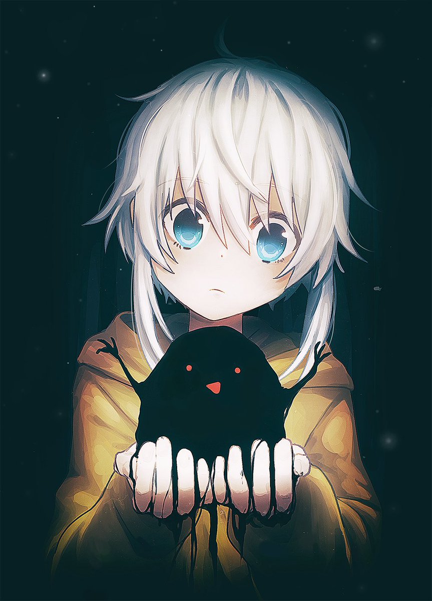 white hair hood blue eyes looking at viewer hood down upper body bangs  illustration images