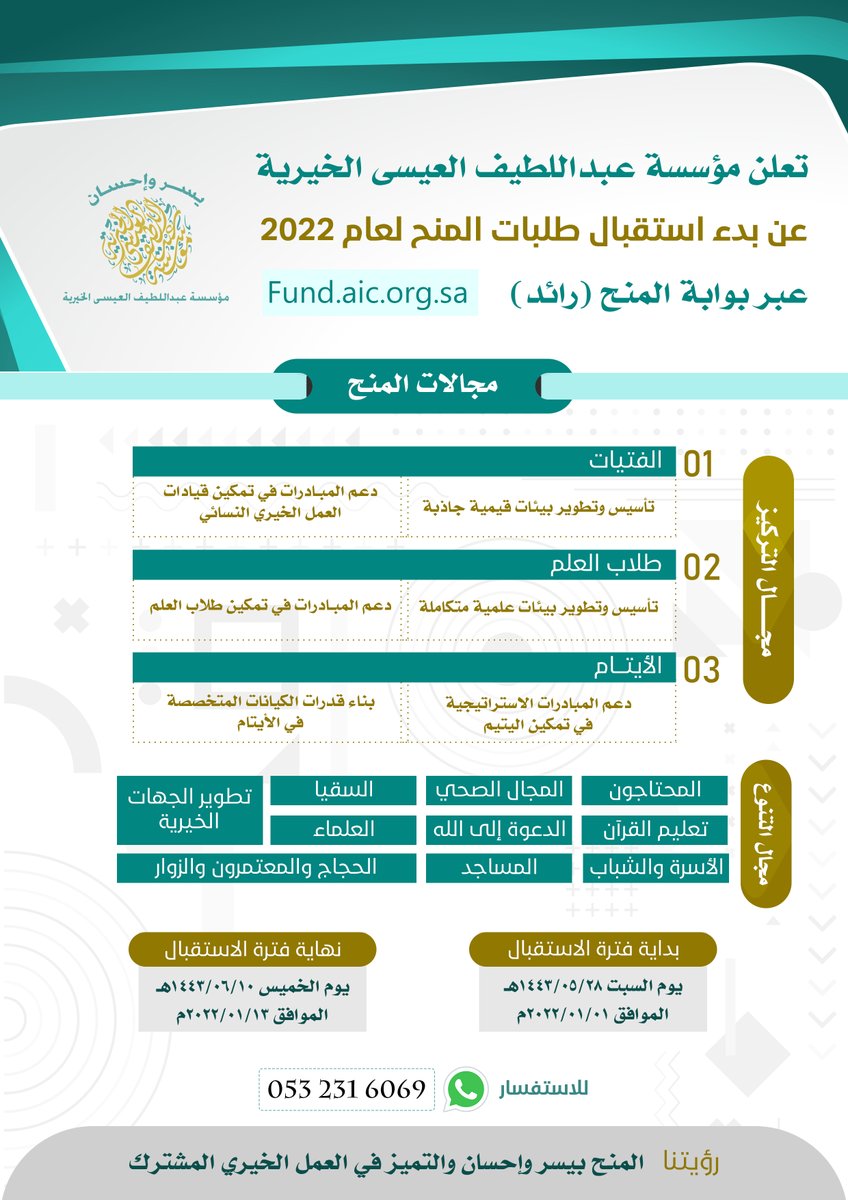 انطلاقا من رؤيتنا (المنح بيسر وإحسان والتميز في العمل الخيري المشترك)
نسعد في مؤسسة عبداللطيف العيسى الخيرية باستقبال مشاريعكم الخيرية في الفترة من : السبت 1443/05/28هـ الموافق 2022/01/01م إلى الخميس 1443/06/10هـ الموافق 2022/01/13م 

بوابة المنح (رائد)  fund.aic.org.sa