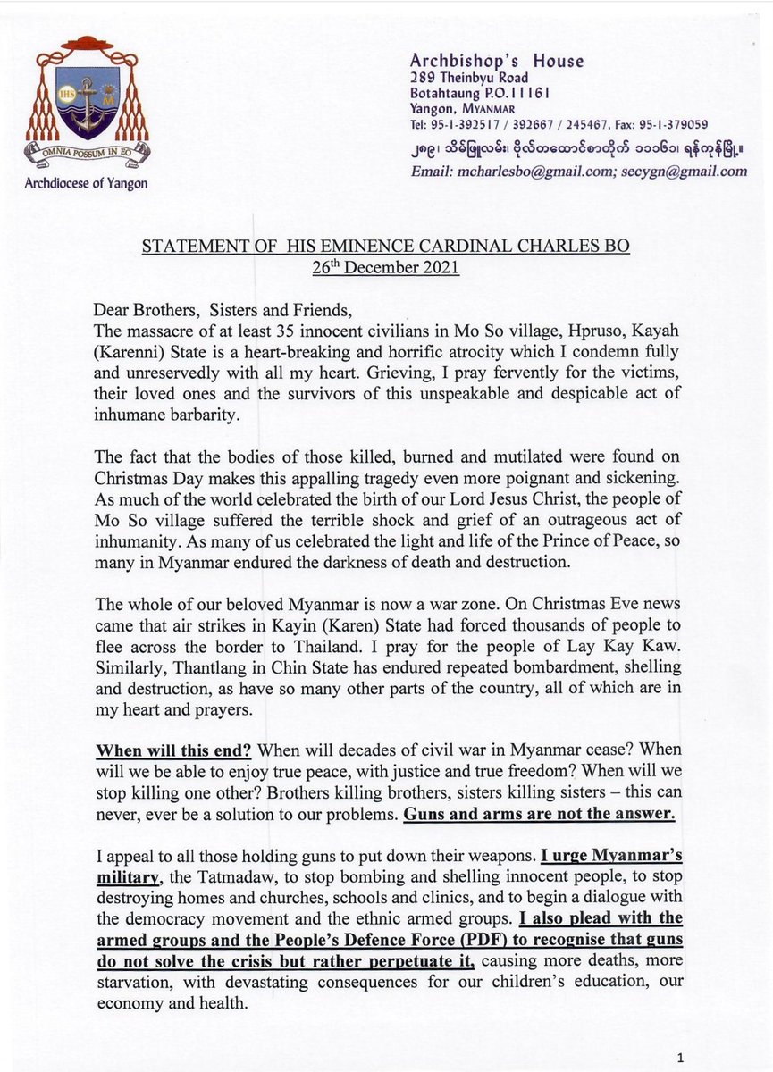 cardinal_bo's tweet photo. Catholic Archbishop's House Press Release, Yangon, Myanmar; "Statement of His Eminence Charles Cardinal Bo, Catholic Archbishop of Yangon, Myanmar" - 26th December 2021 https://t.co/wJKwXKvp1w