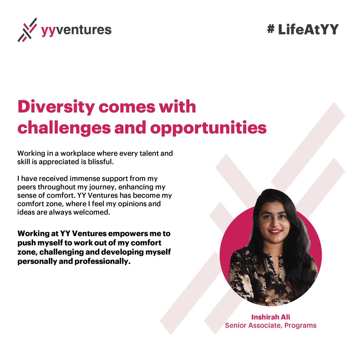 Let’s celebrate life at YY!

Meet Inshirah Ali, Senior Associate, Programs. She supports the Programs Team execute their programs smoothly. 
Inshirah is very thoughtful and composed. She is a super sweet and kind soul around the office, always caring for and helping her peers.