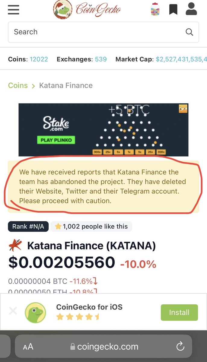 Bruziu's tweet photo. @Route2FI Digged but found this warning on CoinGecko. Any thoughts? https://t.co/kT8Gq25S4R