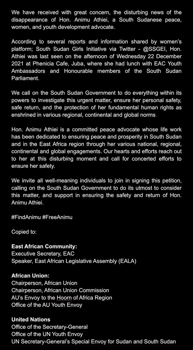 ibsanusi's tweet photo. South Sudan Government: Help us find Hon. Animu Athiei - @animuathiei 

Sign the Petition! https://t.co/TFH8jwvb46 via @Change 

#FindAnimu #FreeAnimu https://t.co/XP2I1j49xx