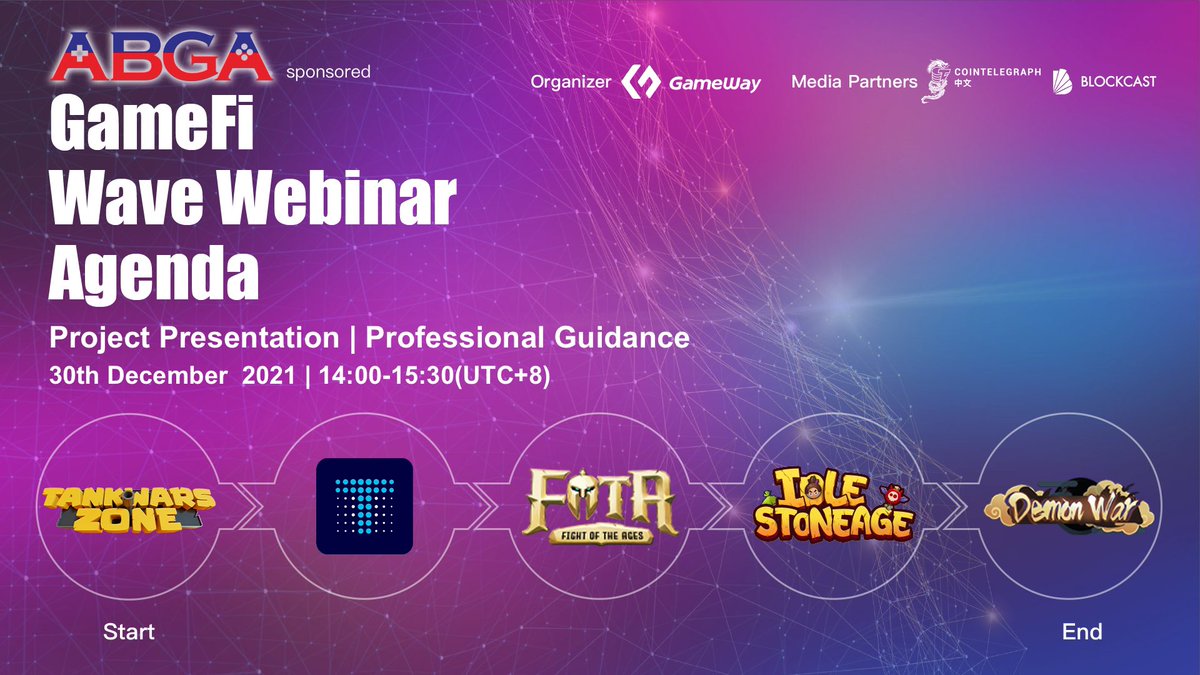 ABGA_Global's tweet photo. #ABGA
👏 3 days counting down for our #GameFiwave Webinar @GameWayFun 
The #Agenda is shown below, we‘re looking forward to the collision of ideas between investors and our start-up members！
👉December #30th, Thur, 14:00-15:30 （UTC+8)
Let’s bring #GameFi to next level 🌊 https://t.co/fBs01OLCOK