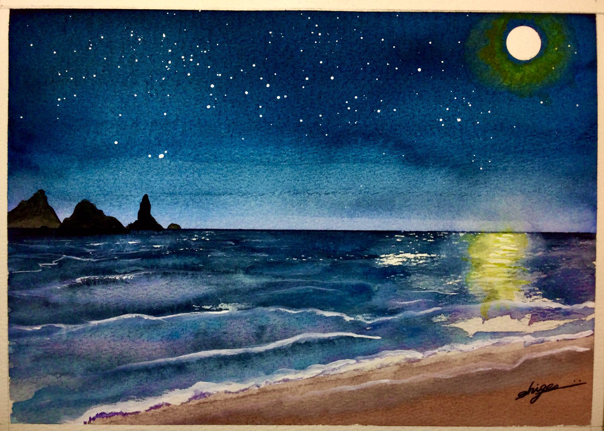 月夜のホゥホゥさん (size8x10) 小さな絵 原画 水彩画 月夜の