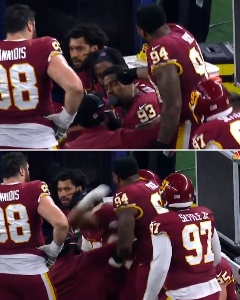 SportsCenter's tweet photo. Washington’s Jonathan Allen and Daron Payne got into a scuffle on the sideline. https://t.co/hSglcAFR0v