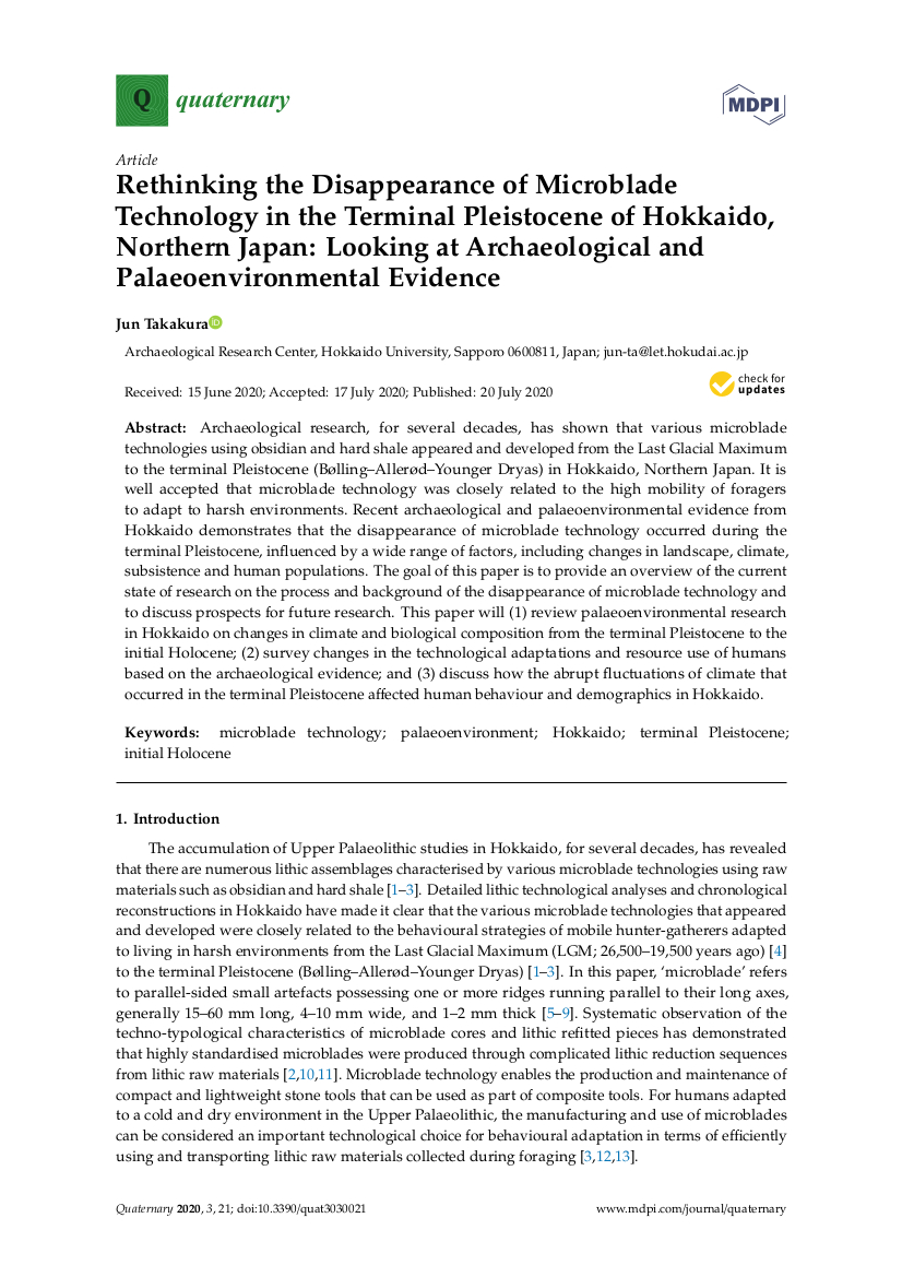 Quaternary_MDPI's tweet photo. 📢Rethinking the Disappearance of #Microblade Technology in the #Terminal #Pleistocene of #Hokkaido, Northern #Japan: Looking at #Archaeological and #Palaeoenvironmental Evidence by Dr. Jun Takakura from @HokkaidoUni 🇯🇵
🌟To get the full text: https://t.co/dLpe32z2gp
#adaptation https://t.co/e9ki1I2uSF