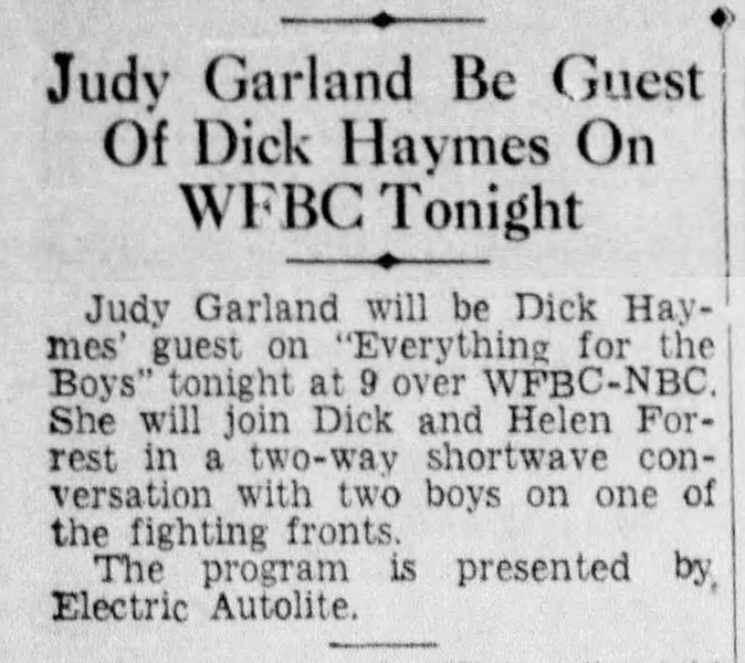 TheJudyRoom's tweet photo. December 26, 1944: Judy appeared on the Dick Haymes show, "Everything for the Boys" on NBC Radio.  She spoke with servicemen from the Pacific and sang "The Trolley Song."

Judy's segment:
https://t.co/zZYzsJHvbW

#judygarland #dickhaymes #nbc #thejudyroom https://t.co/4BA5NG8ovJ