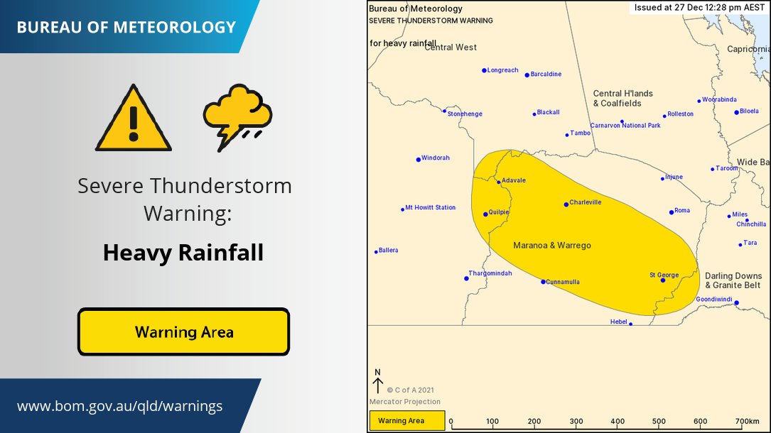 BOM_Qld's tweet photo. ⚠️⛈️Severe Thunderstorm Warning: #HeavyRainfall for parts of Central West, Channel Country, Maranoa &amp; Warrego and Darling Downs &amp; Granite Belt Forecast Districts. Locations include #Charleville, #StGeorge, #Quilpie, #Bollon, #Adavale and #Wyandra. Details https://t.co/CQJkcamqzO https://t.co/4ywquPvEvo