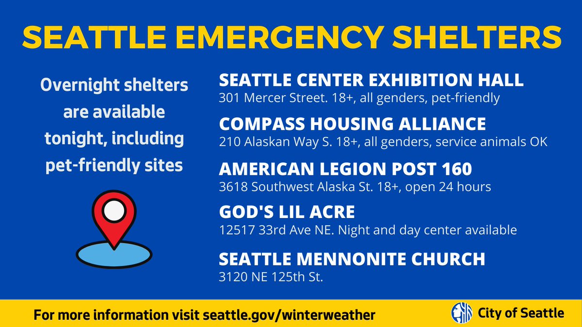 Emergency cold weather shelters are available in the @CityofSeattle overnight, and warming centers are open around the city during the day. Find the nearest warming center using our mapping tool: maps.seattle.gov/eoc/warmingshe… Plain text list of shelters: alert.seattle.gov/winter-weather…