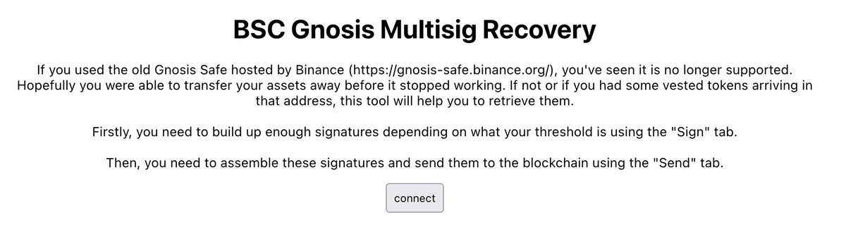 devanoneth's tweet photo. Binance stopped supporting their deployment of Gnosis Safe. This has meant some people have tokens locked in their old multisig deployments!

I built a tool to help you recover ERC20 tokens from these safes: https://t.co/QqcewoSVx9 https://t.co/IJYpwfdFkn