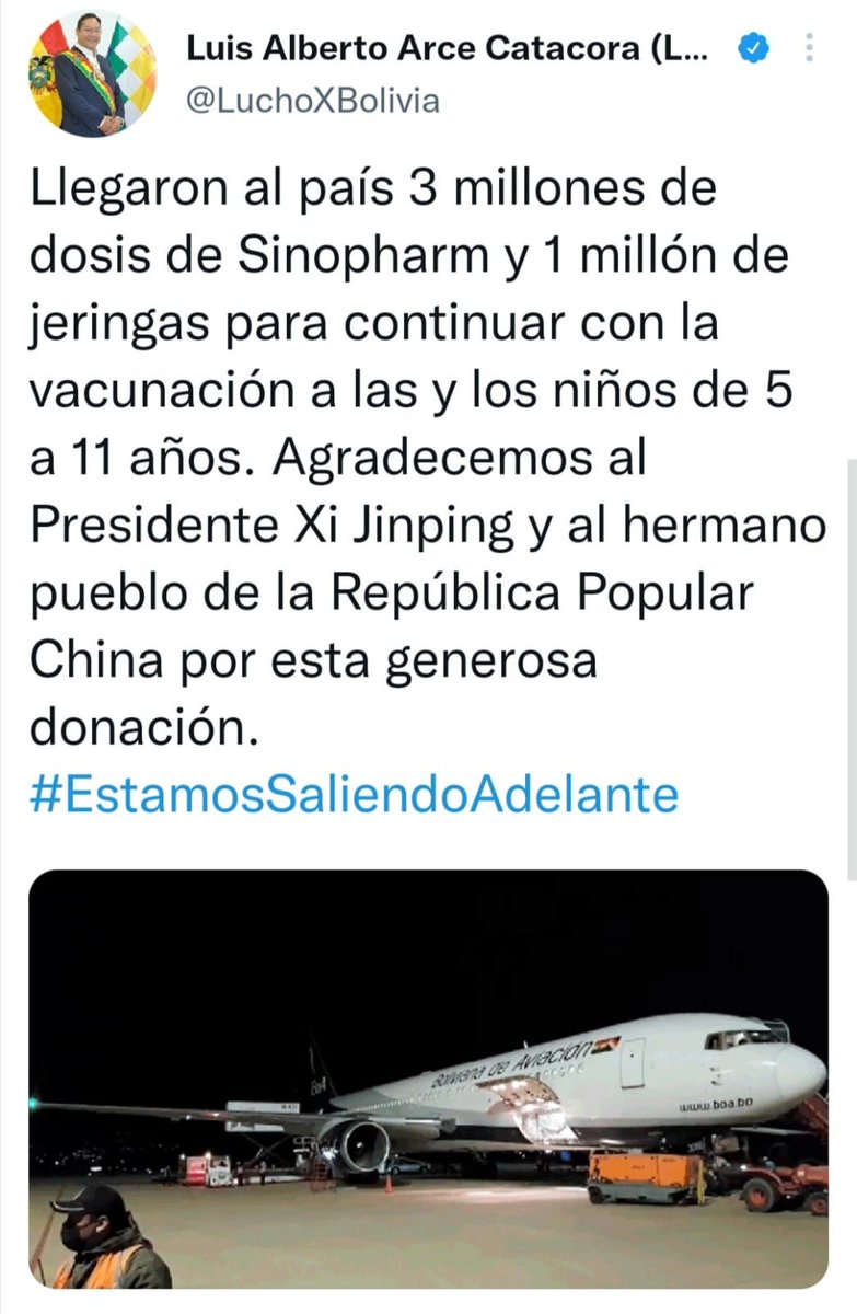 #BTVInforma 
El presidente <a href="/LuchoXBolivia/">Luis Alberto Arce Catacora (Lucho Arce)</a> agradece al hermano país de la República popular de #China, por la donación de las 3 millones de vacunas #Sinopharm y el millón de jeringas que arribaron al país este domingo 26 de diciembre