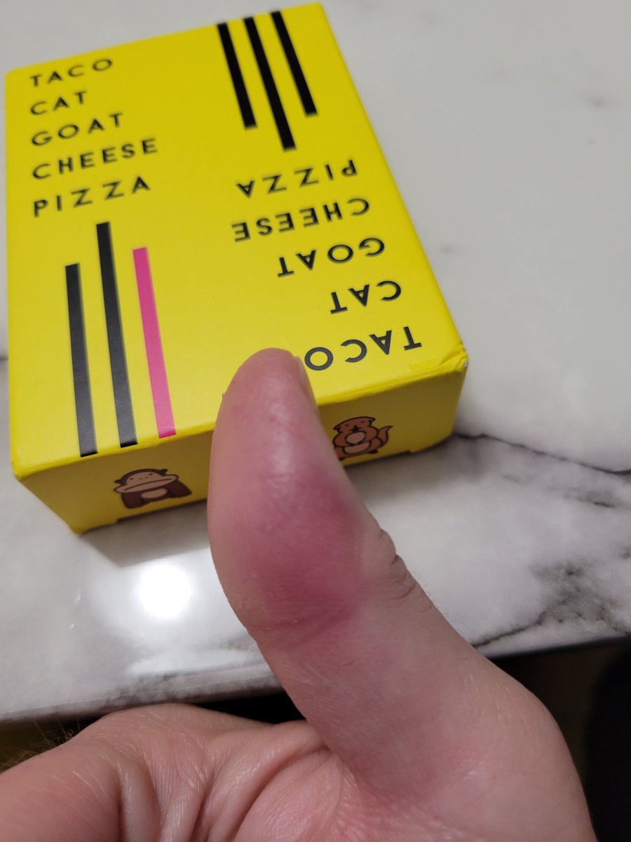 Had SO much fun playing this game with my family today! But, ummm, I got a little too competitive... smacked my hand down so hard, I got this bruiser on my thumb. 🤣👍 <a href="/DolphinHatGames/">Dolphin Hat Games</a> #tacocatgoatcheesepizza