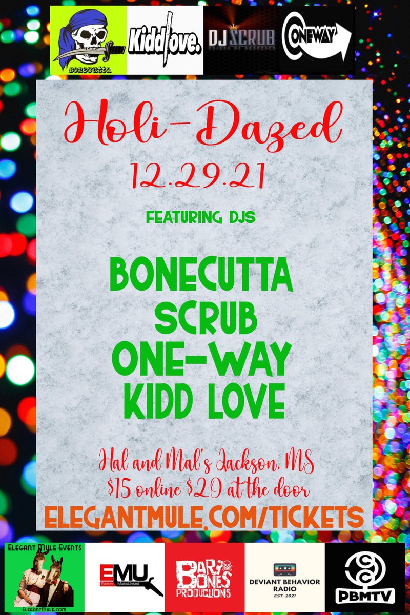 MuleElegant's tweet photo. #HoliDazed is here! It's not too late to get tickets to the best #EDM dance party around. Just go here: https://t.co/hLgTvQn7gb #elegantmuleevents #barebonesproductions https://t.co/whft08Af1C