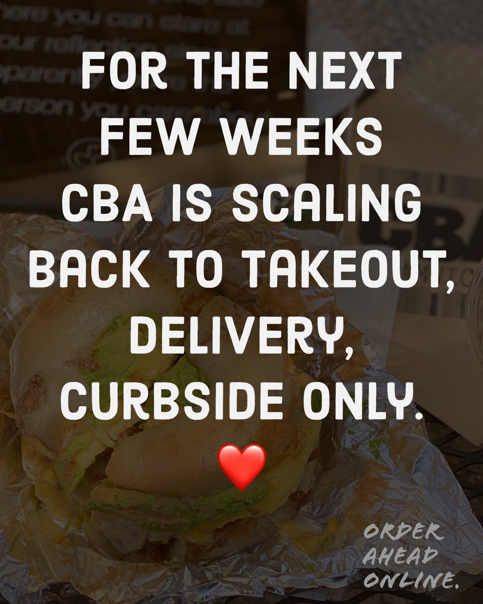 eatcba's tweet photo. We’re still open! We’re just rolling things back a bit as the city navigates the latest surge.  Order online! Order ahead! Order often!  Takeout, Delivery, Curbside. 

#eatcba #upshow #toasttakeout https://t.co/AQ5azPeu4R