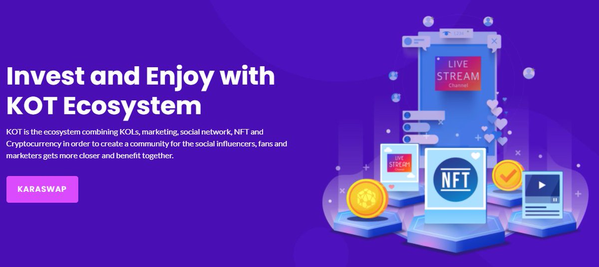 KolsToken's tweet photo. Invest and Enjoy with KOT Ecosystem

KOT is the ecosystem combining KOLs, marketing, social network, NFT and Cryptocurrency in order to create a community for the social influencers, fans and marketers gets more closer and benefit together https://t.co/tmF5R16mv5