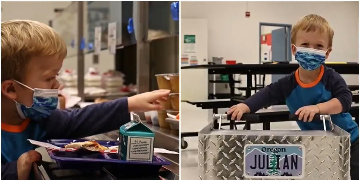 pragmaticmom's tweet photo. A boy with dwarfism struggled to get his lunch. So a cafeteria worker made him a souped-up cart. https://t.co/3WUk30RgBU via @Upworthy #everydayheroes #cafeteriaworker #feelgoodstory https://t.co/lC5zoiqwuj