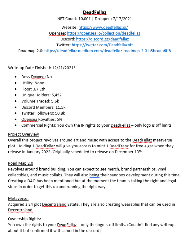 Writeup #4 @Deadfellaznft 

DeadFellaz
NFT Count: 10,001 | Dropped: 7/17/2021
Website: deadfellaz.io
Opensea: opensea.io/collection/dea…
Discord: discord.gg/deadfellaz
Roadmap 2.0: deadfellaz.medium.com/deadfellaz-roa…