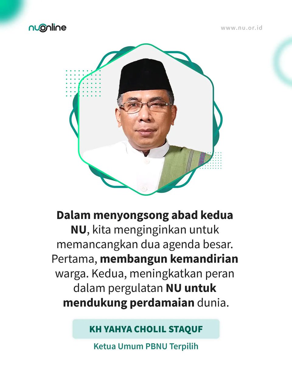 nu_online's tweet photo. "Dalam menyongsong abad kedua NU, kita menginginkan untuk mencanangkan dua agenda besar. Pertama, membangun kemandirian warga. Kedua, meningkatkan peran dalam pergulatan NU untuk mendukung perdamaian dunia." (KH. Yahya Cholil Staquf) https://t.co/fQZsz9GoYY