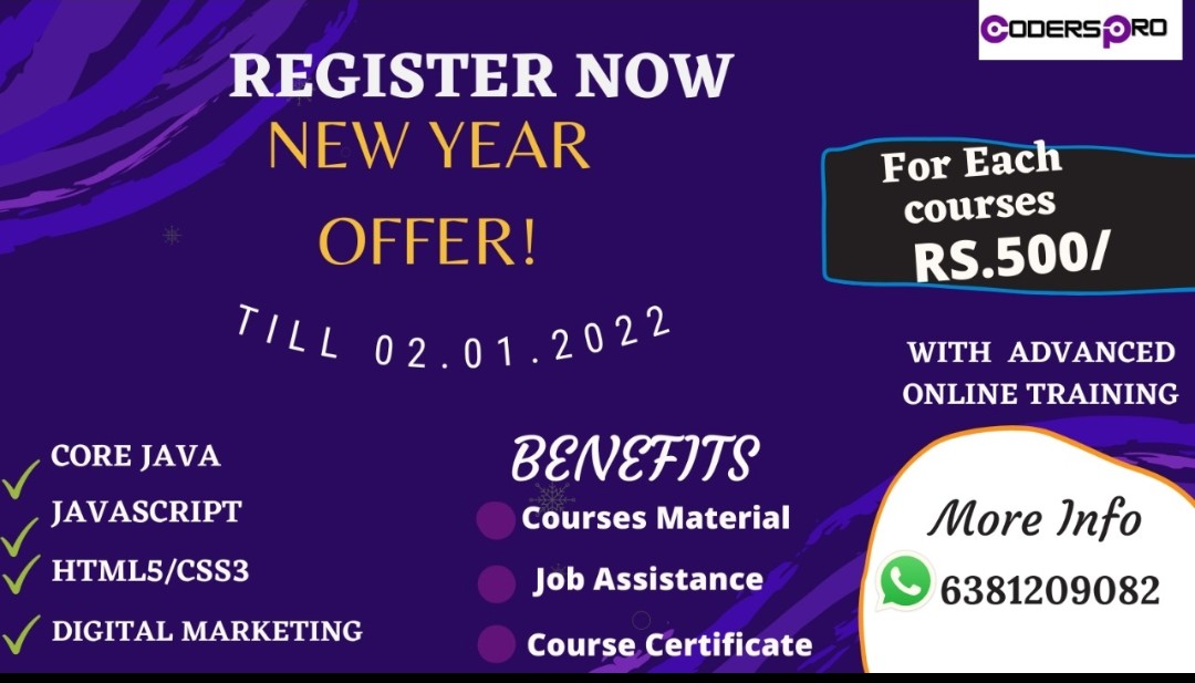 codersprotech's tweet image. New year offer Till 02.01.22 
#javascript #Java #HTML5 #CSS3 #Digital #SEO #courses #Trending