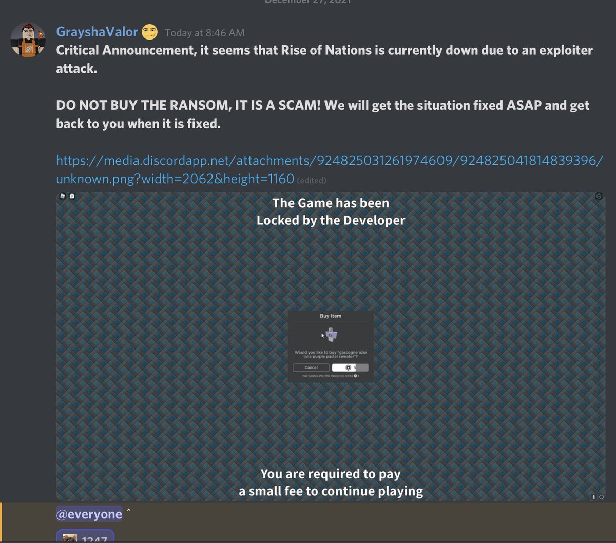 Roblox_RTC's tweet photo. NEWS: Rise Of Nations is under ransom. Please do NOT play the game or buy any products to continue playing, this goes to scammers. The team is working hard to get it fixed; currently under investigation 🚨 https://t.co/kiqHQdIArt