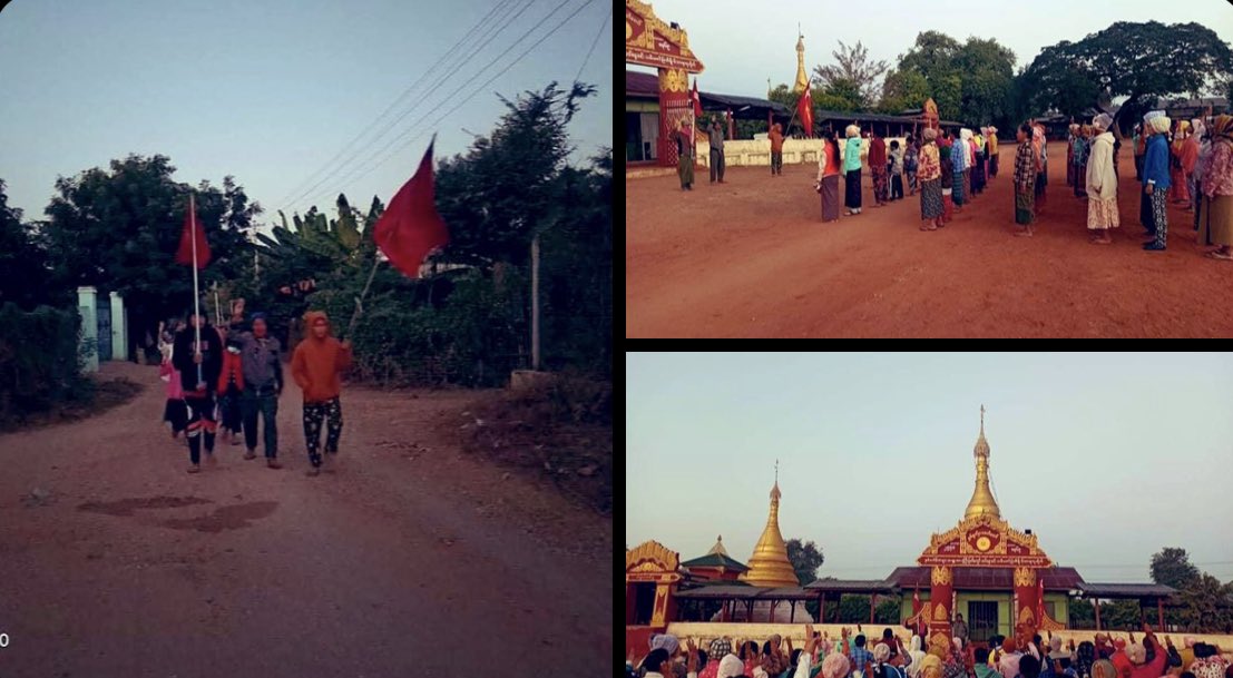 AungZ20's tweet photo. Pro democracy youths in Sone Chaung village, Yinmarbin Township, are still marching with vigor to keep opposing the military dictatorship.   #WarCrimesOfJunta #Dec27Coup #WhatsHappeningInMyanmar https://t.co/eqglKwDFnf