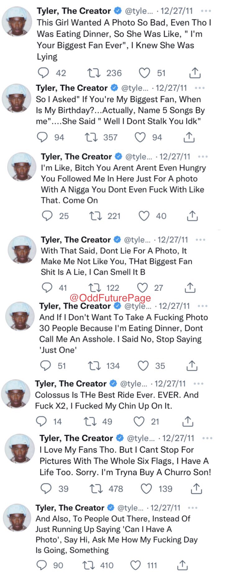 Odd Future: Fan Page on X: 10 years ago today, Tyler, The Creator's Six  Flags interaction happened, which is how the song 'Colossus' came about.   / X