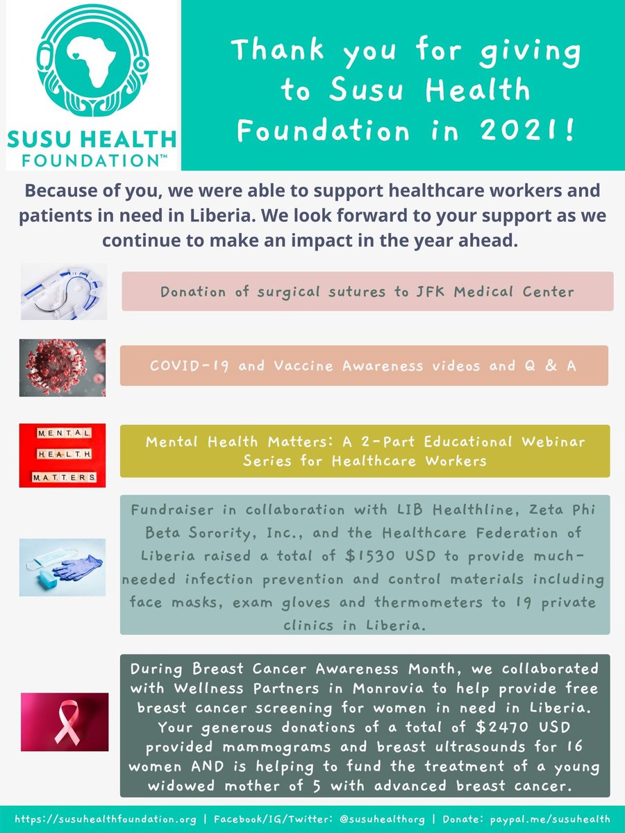 susuhealthorg's tweet image. As we wrap up 2021 and prepare for the #NewYear we want to thank everyone who helped us make an impact in #Liberia this year. We look forward to working with you in 2022 and beyond. #HappyNewYear2022 #ifnotyouthenwho #ifnotnowthenwhen    #2021reflections #2022herewecome