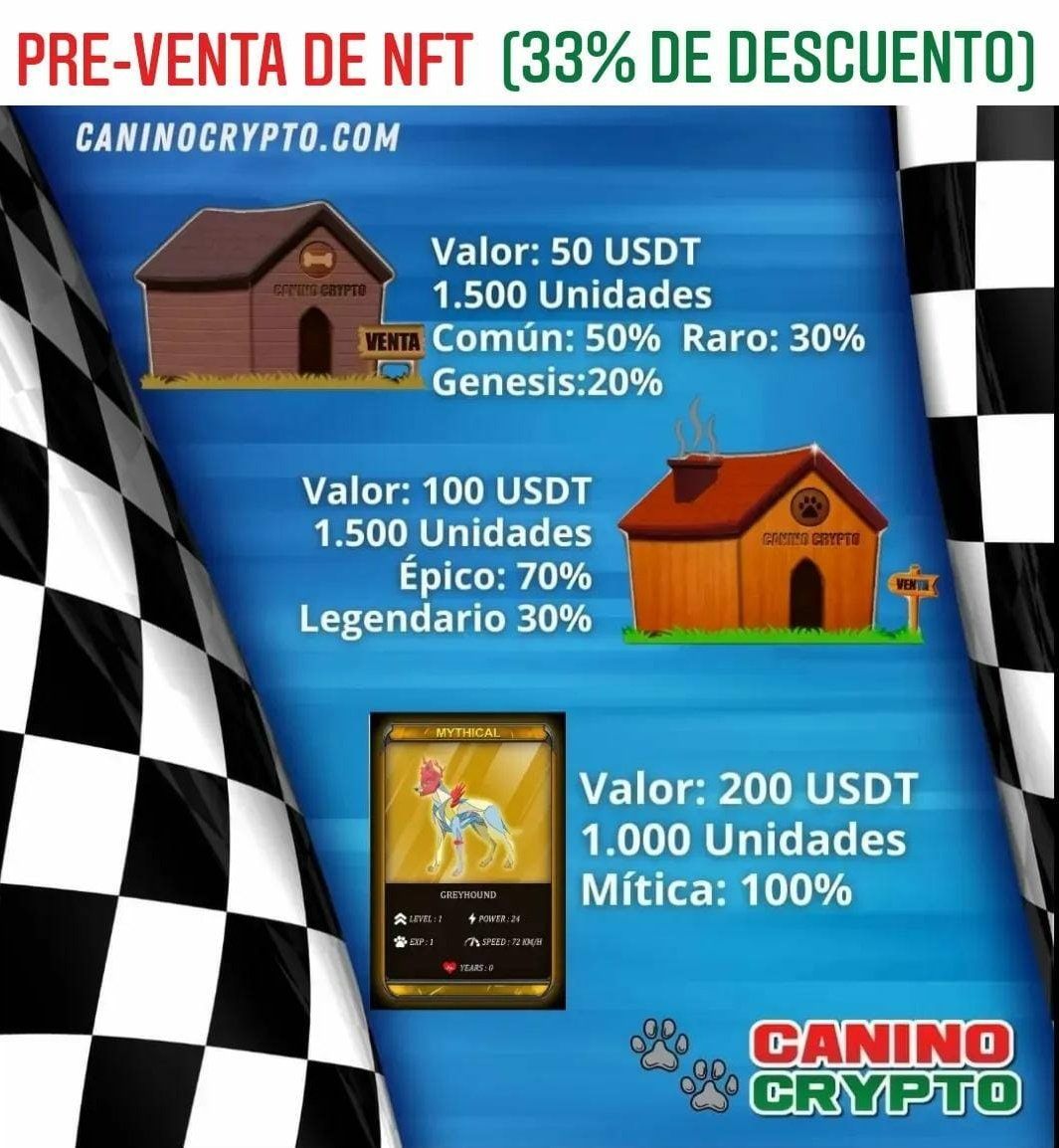 Participa en la Pre-Venta de NFT con un 33% de descuento 🥳 y disfruté del Staking mientras esperas el Juego. 

#canino #caninocrypto #nfts #blockchain