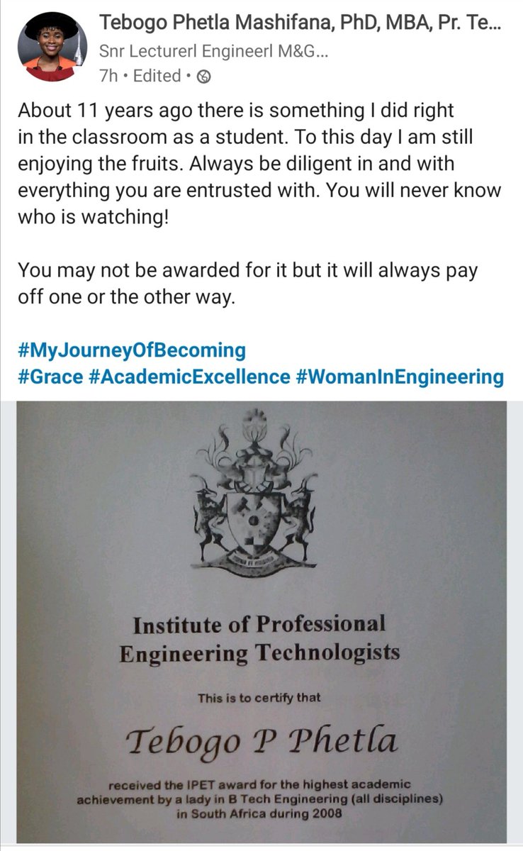 OnlyAfricaFacts's tweet photo. Today we celebrate Dr Tebogo Mashifana 🇿🇦

Born in 1986, she earned her Bachelors and Master’s degrees with cum-laude, and a PhD in engineering at 31.

At 34, one of University of Johannesburg's youngest lecturers and a mother of two, she has published over 30 engineering papers. https://t.co/go6i3QtCEX