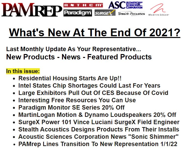 PAMrep's tweet image. The last issue of the @PAMrep newsletter for 2021 is available to read now. conta.cc/3sAunly #anthem #ASC #MartinLogan #Paradigm #stealthacoustics #SurgeX #audio #audiphile #systemsintegration #Cedia #custominstall #Axpona #PAMrep