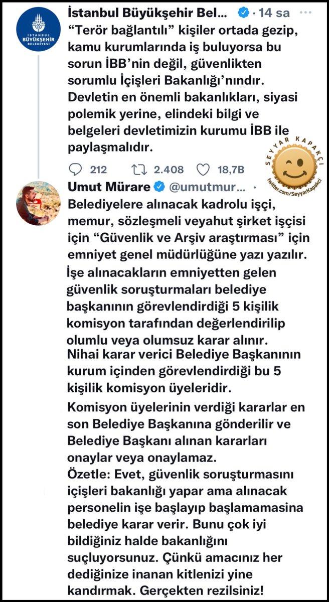 seyyarkapakci's tweet photo. “Madem İBB terörist çalıştırıyor İçişleri Bakanlığı güvenlik soruşturması yaparken neden bunlara izin vermiş” diyenler okusun! “Bakanlık belediyelerdeki işe alımlara engel olabiliyor mu olamıyor mu” cevap aşağıda👇 Muhalefet alıştı tabi pisliğini iktidara yığmaya.
@umutmurare https://t.co/yAjHKL8eY6