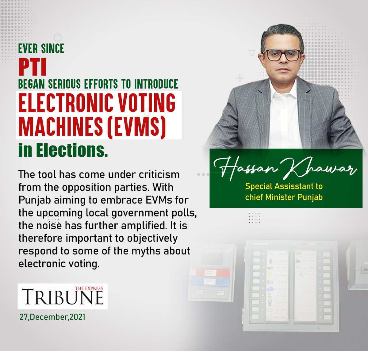 SACMPunjabPK's tweet photo. EVMs — Myths and Realities

A column, trying to uncover the myths spread around against EVMs, written by Special Assistant to the Chief Minister on Information &amp; Special Initiatives, Tourism, PHAs and Spokesperson of the Punjab Government Hasaan Khawar.

https://t.co/Og3qRdzGx4 https://t.co/yWJaVUioqK