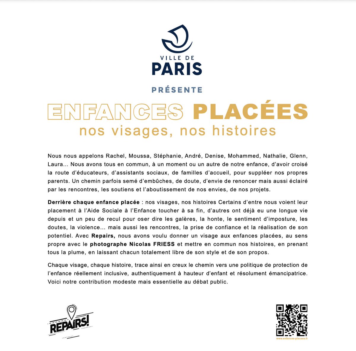 Repairs75's tweet photo. L'expo « Enfances Placées : nos visages, nos histoires », est l’occasion de rappeler que 170 000 enfants sont pris en charge à l’Aide Sociale à l’Enfance. 

Souvent dépossédés de leurs histoires, les personnes ayant participé à ce projet ont souhaité se réapproprier la narration. https://t.co/GC3YBkwb4e